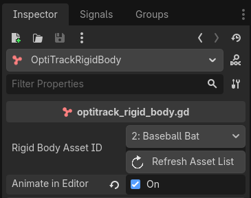 A screenshot of the top portion of the Godot Inspector tab, for the OptiTrack plugin.