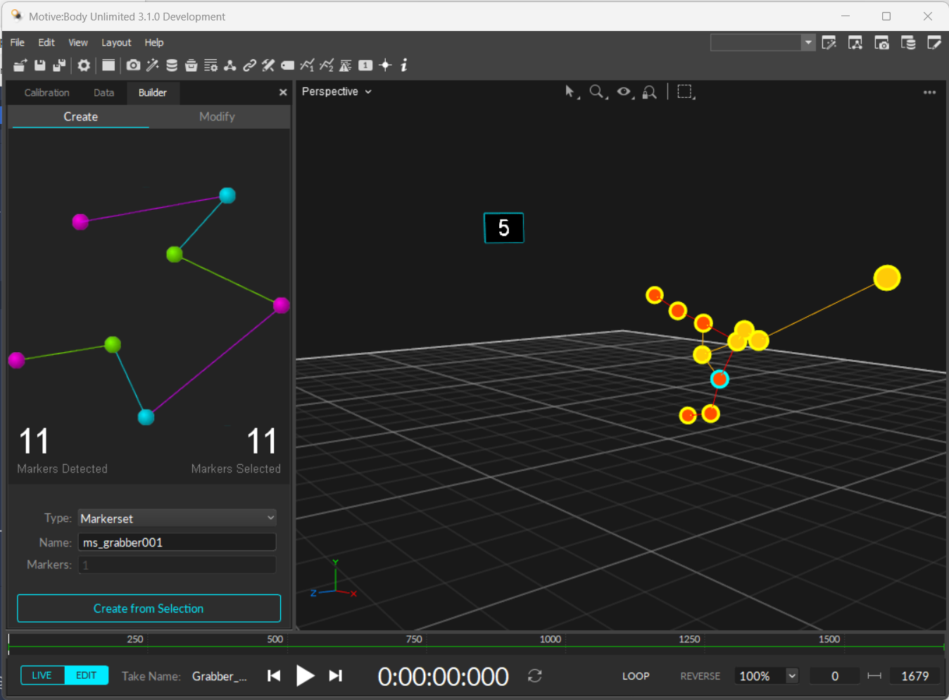 A screenshot of the Motive Builder pane and the 3D Viewport showing a trained markerset about to be created. 