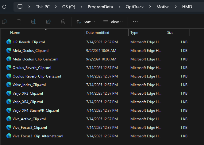 A screenshot of the Window c:\programdata\optitrack\motive\hmd, showing the various XML files saved with HMD configurations.