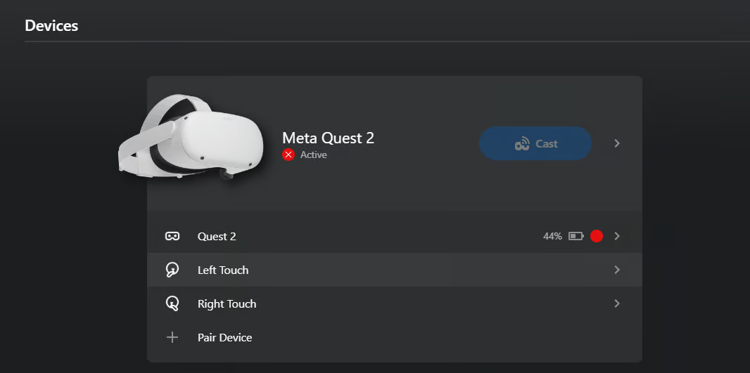 A screenshot of the Meta Quest 2 HMD configuration settings. The red-circled X in the status indicates that audio is disabled, while the HMD is active.
