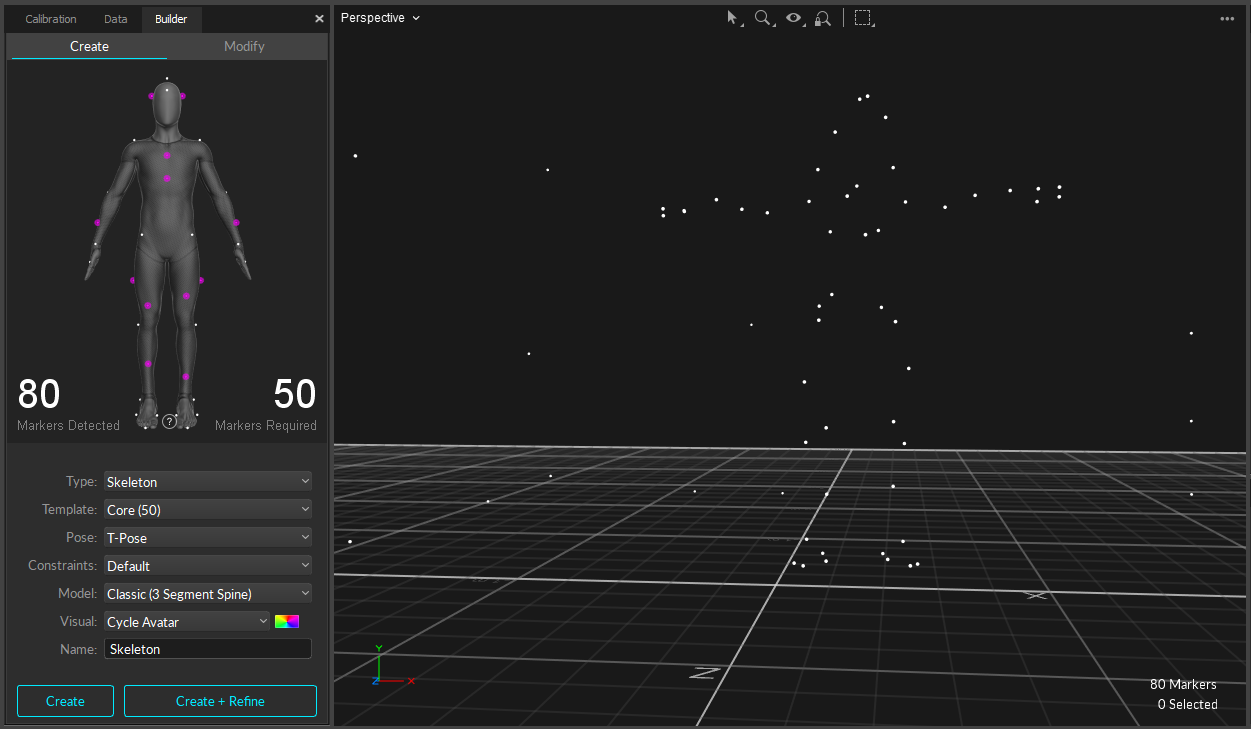 A screenshot of the Motive Builder pane, with the Skeleton Creation options displayed. To the right is the Motive 3D viewport, showing the markers for the undefined skeleton.