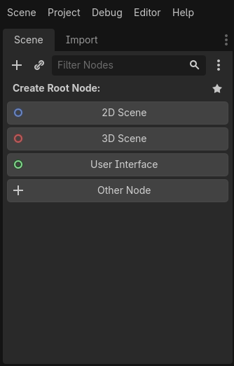 A screenshot of the Scene pane in Godot, with the options to Create Root Node: shown. 