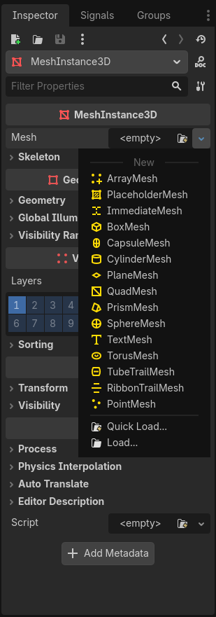 A screenshot of the Godot Inspector tab, showing the properties for the MeshInstance3D child node. The dropdown menu to apply a mesh is open. 