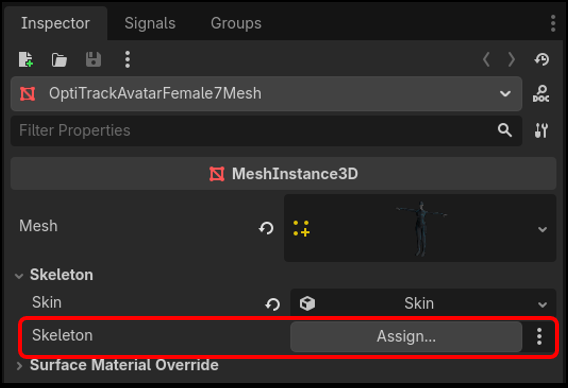 A screenshot of the Inspector tab in Godot, with an OptiTrack avatar mesh selected. The MeshInstance3D properties are shown, with the Skeleton property highlighted. This property is currently Unassigned. 