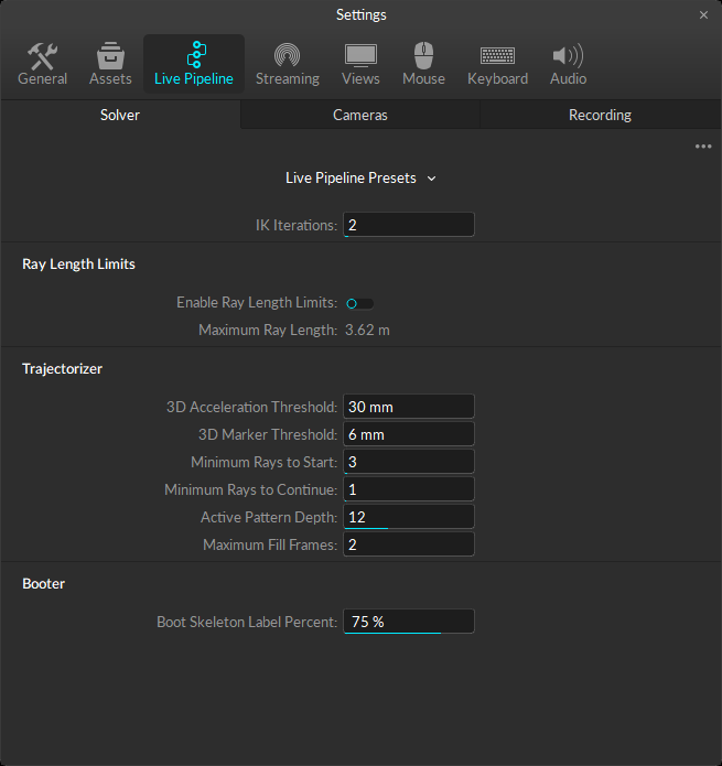 A screenshot of the Motive Settings panel showing the standard Live Pipeline settings, with the Solver properties displayed. 