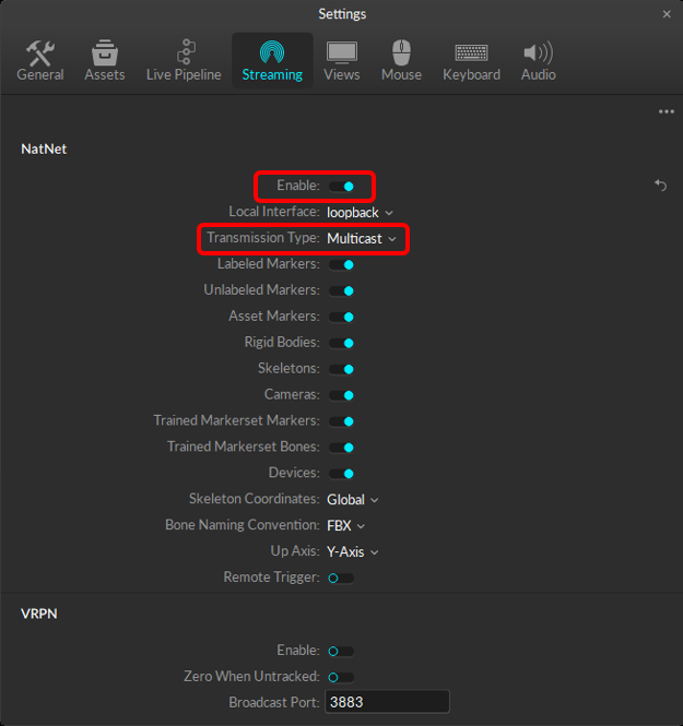 A screenshot of the Motive Streaming Settings, with the "Enable" setting turned on and the "Transmission Type" setting set to Multicast. Both settings are highlighted. 