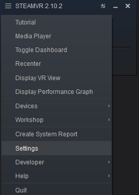 Screenshot of the SteamVR menu, with the Settings option selected.