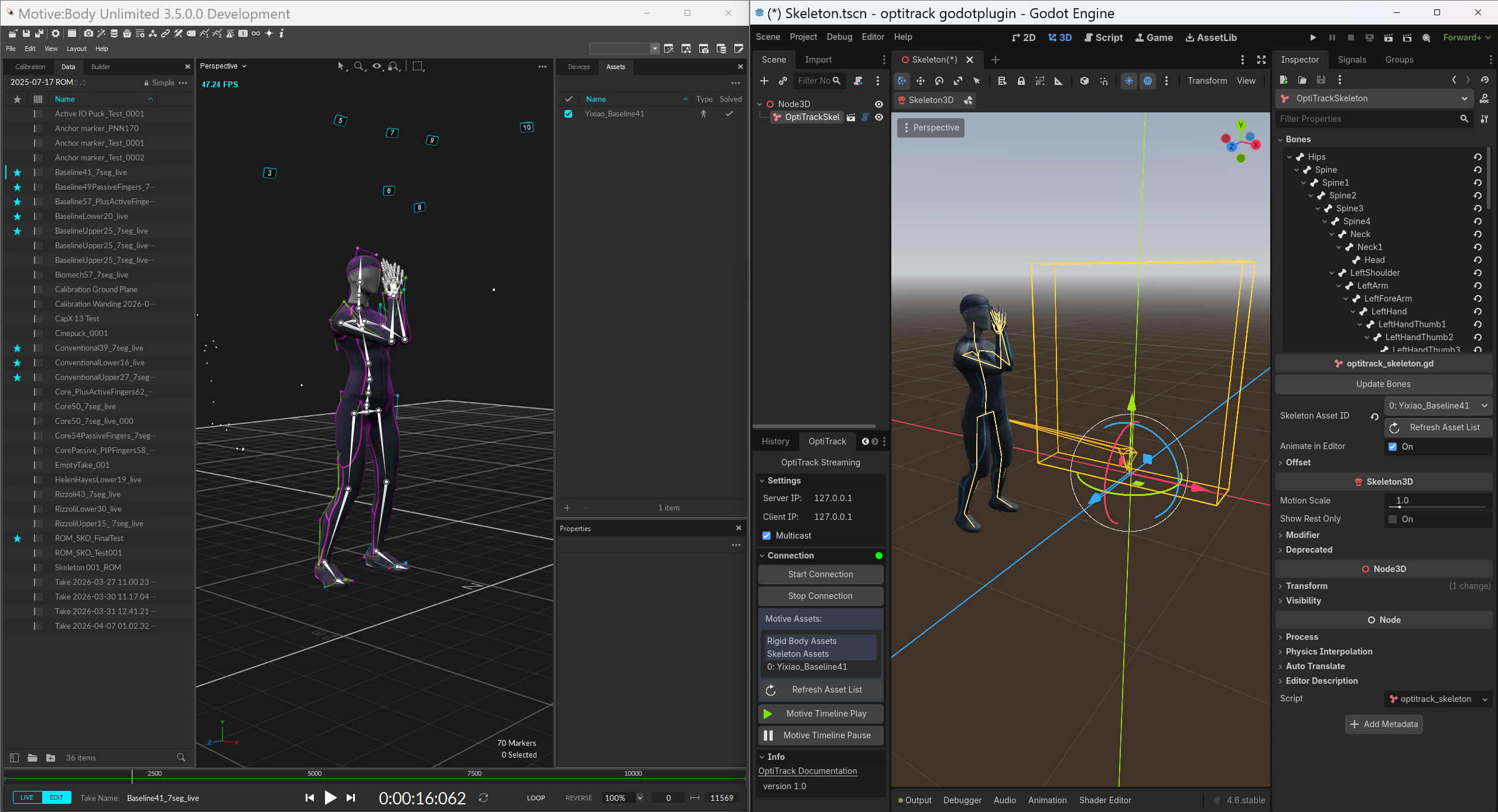 Side-by-side screenshots of the same skeleton in Motive and in Godot. 