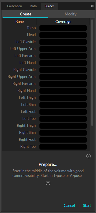 A screenshot of the Motive builder pane with the Skeleton Range of Motion (or ROM) settings displayed. Below that are instructions to have the actor assume a calibration pose, then click start to begin.