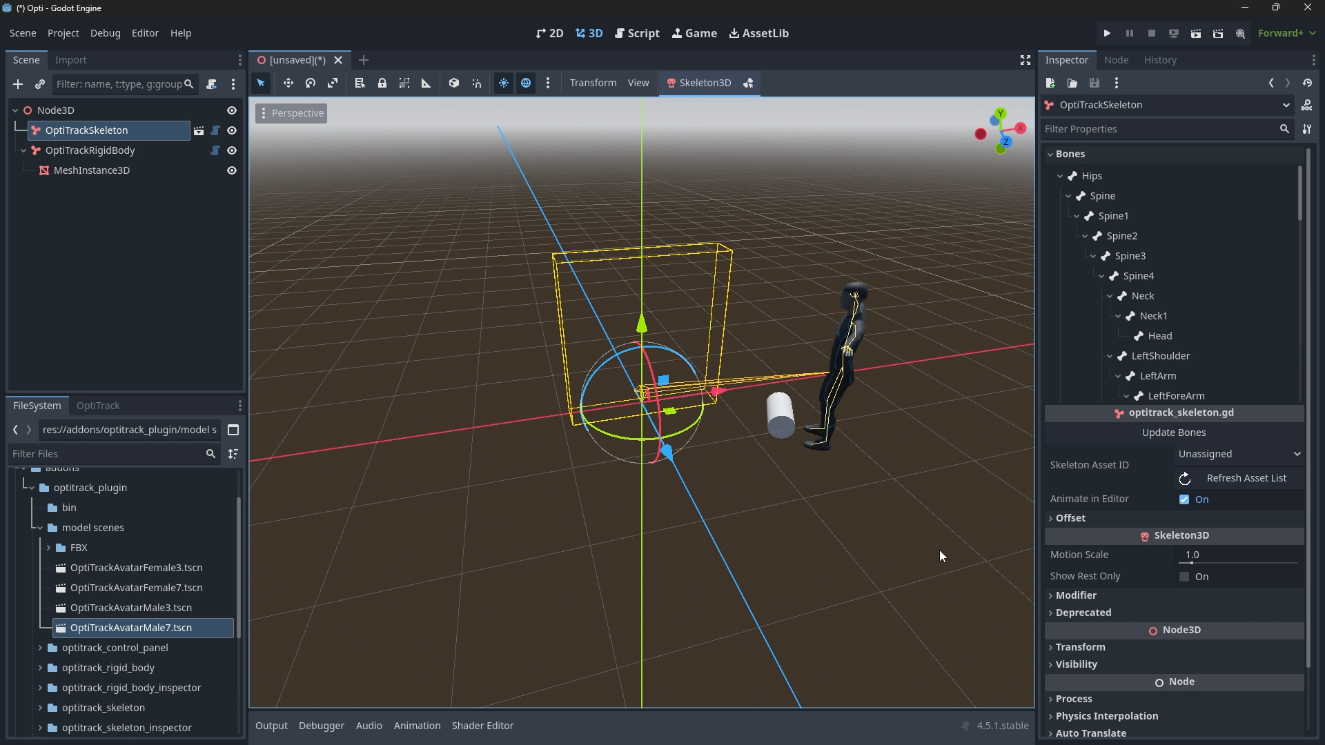 A scene in Godot after an OptiTrack male avatar has been added.