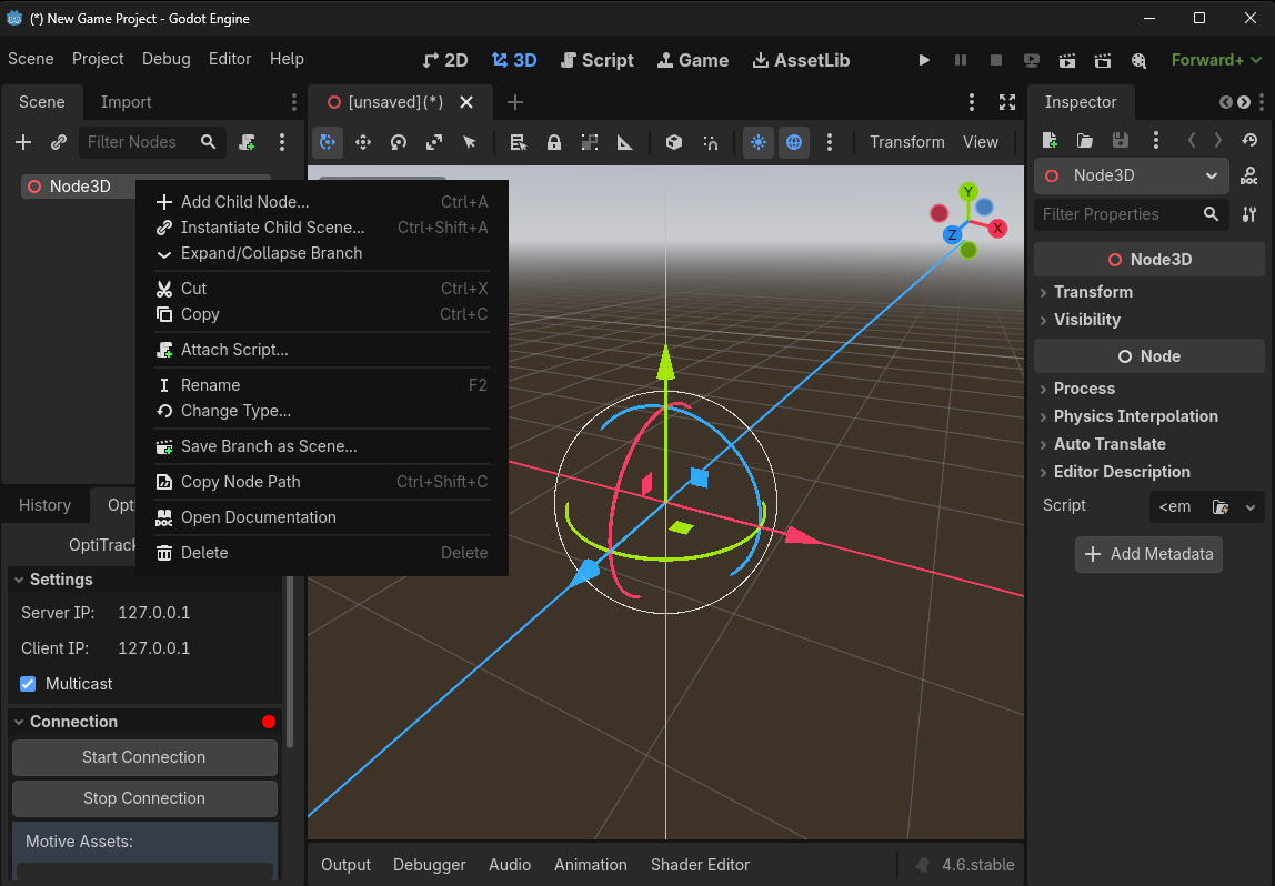A screenshot of the Godot project screen, with the context menu for the Node3D options displayed. 
