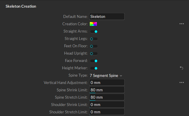 A screenshot of the Motive Settings Panel, Asset settings, Skeleton Creation options. 