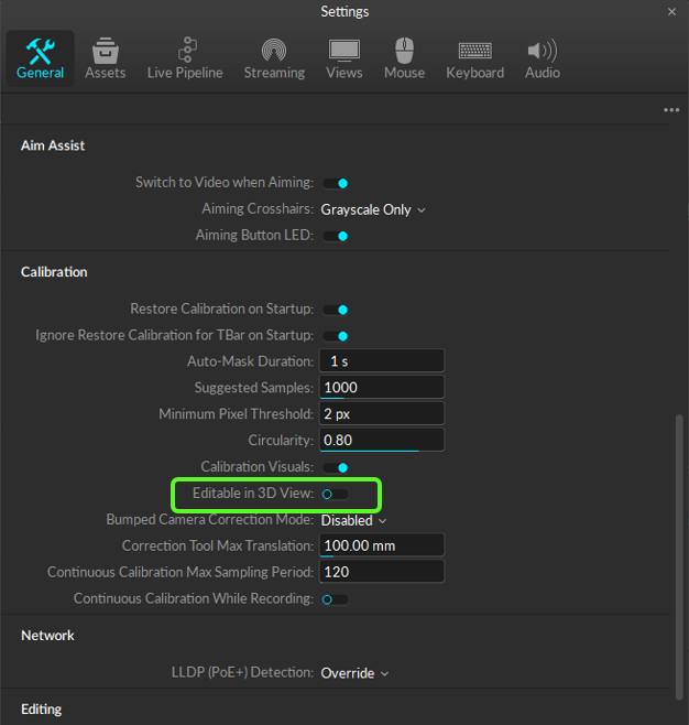 A screenshot of the Motive Application settings panel, General tab, with the Advanced Calibration settings show. The setting "Editable in 3D View:" is highlighted. 