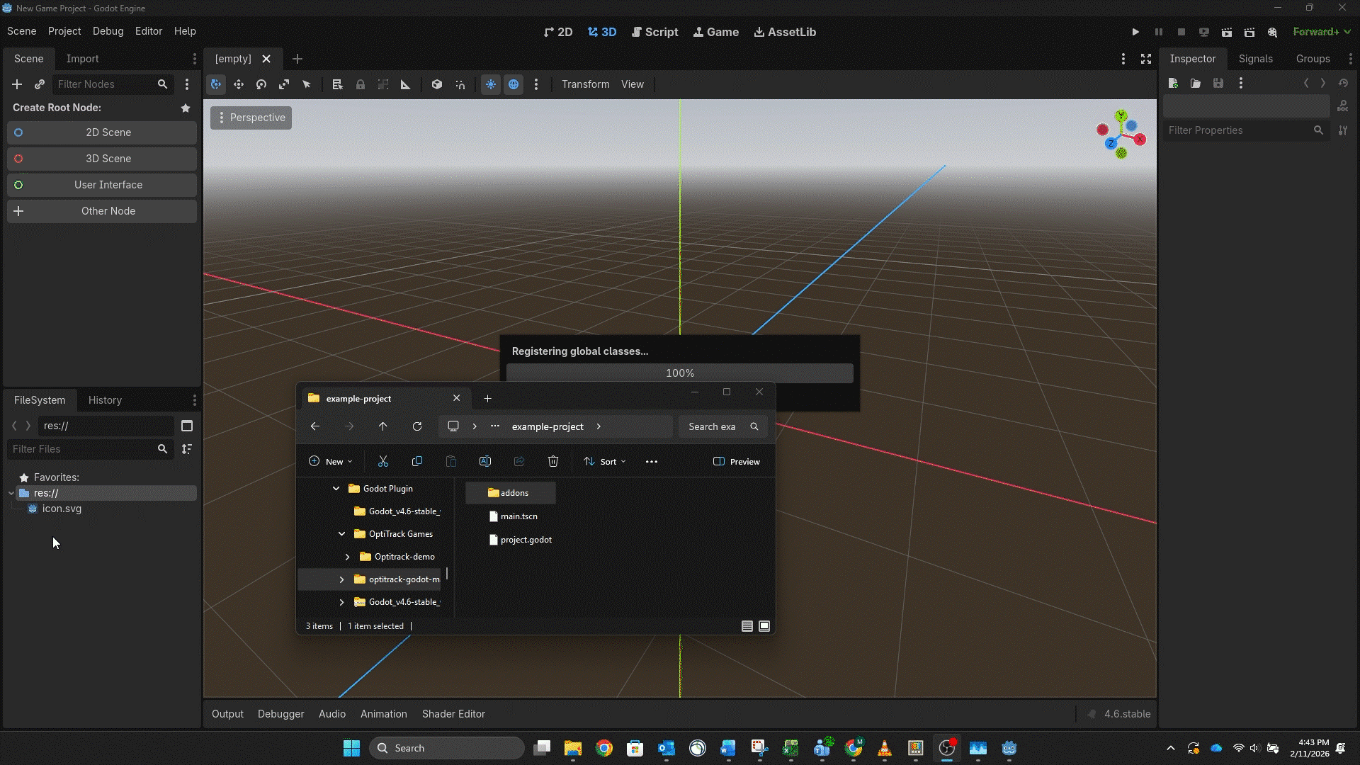 A screenshot of the Godot application just after dragging the OptiTrack Godot plugin addins folder into the Godot fileshare tab. 