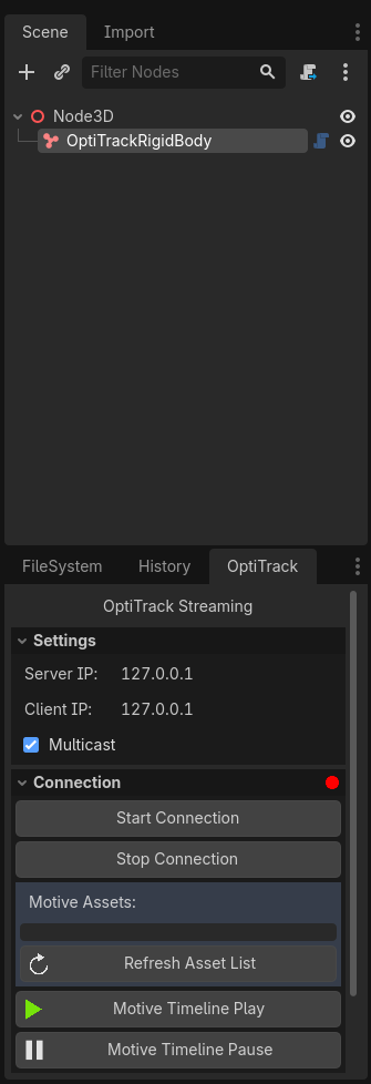 A screenshot of the Godot Scene and OptiTrack panes, with the OptiTrackRigidBody child node added and the Streaming Connection stopped. 