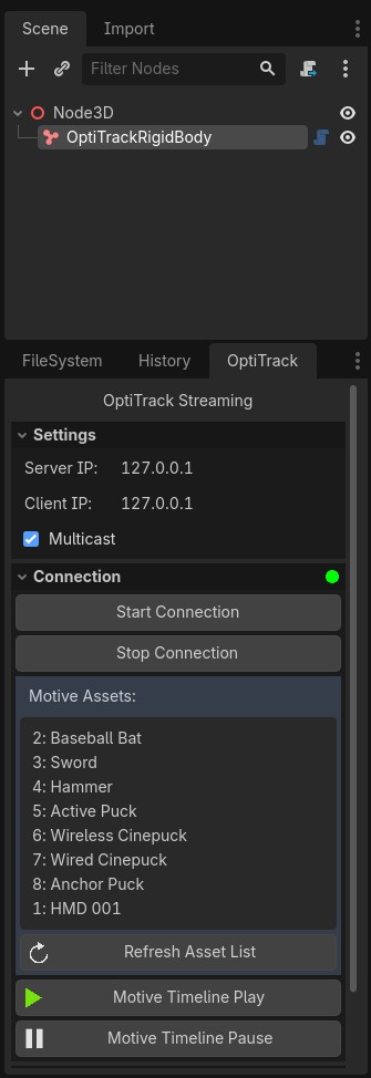 A screenshot of the Godot Scene and OptiTrack panes, with the OptiTrackRigidBody child node added and the Streaming Connection enabled.