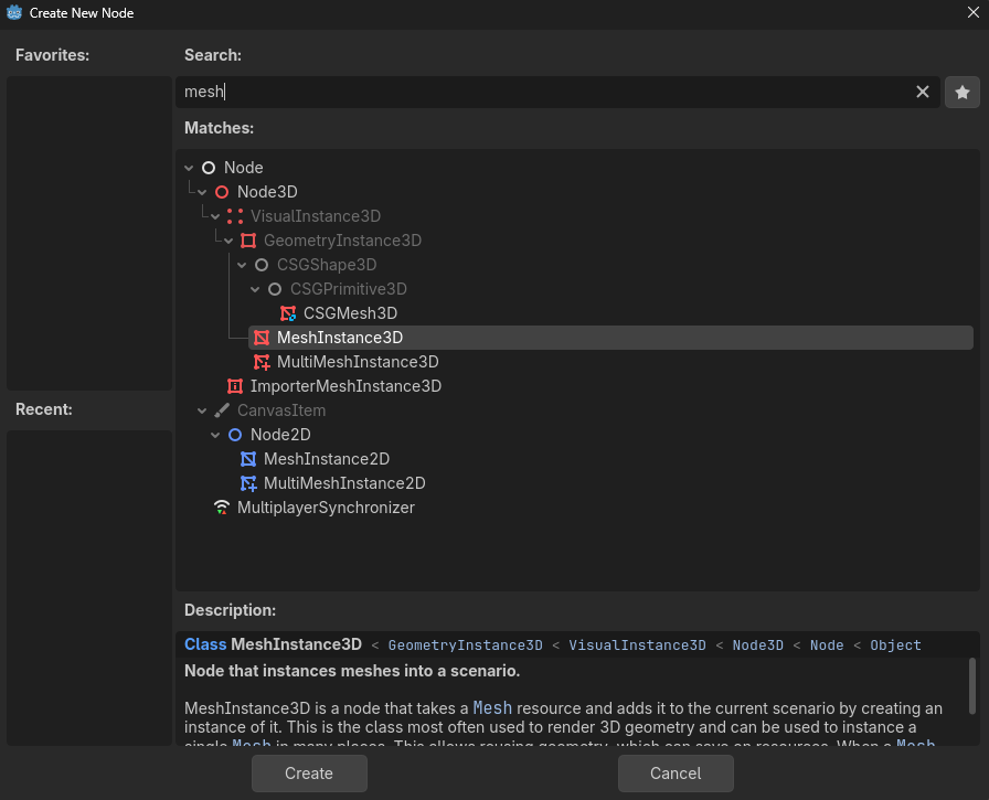 A screenshot of the Godot "Add Child Node" search results,with MeshInstance3d selected. 