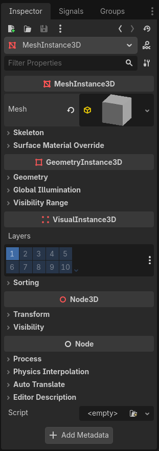 A screenshot of the Godot Inspector tab, showing the properties for the MeshInstance3D child node. A Box Mesh is now applied. 
