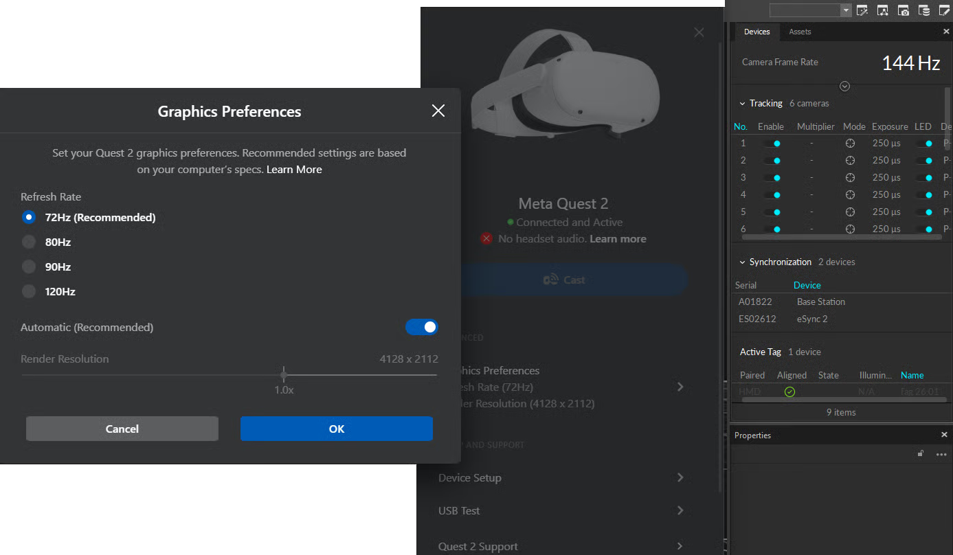 Screenshots showing, from left to right, the Meta Quest 2 framerate options, with 72Hz as the recommended rate, 2. The Meta Quest application, 3. the Devices pane in Motive, showing the camera frame rate of 144 Hz.