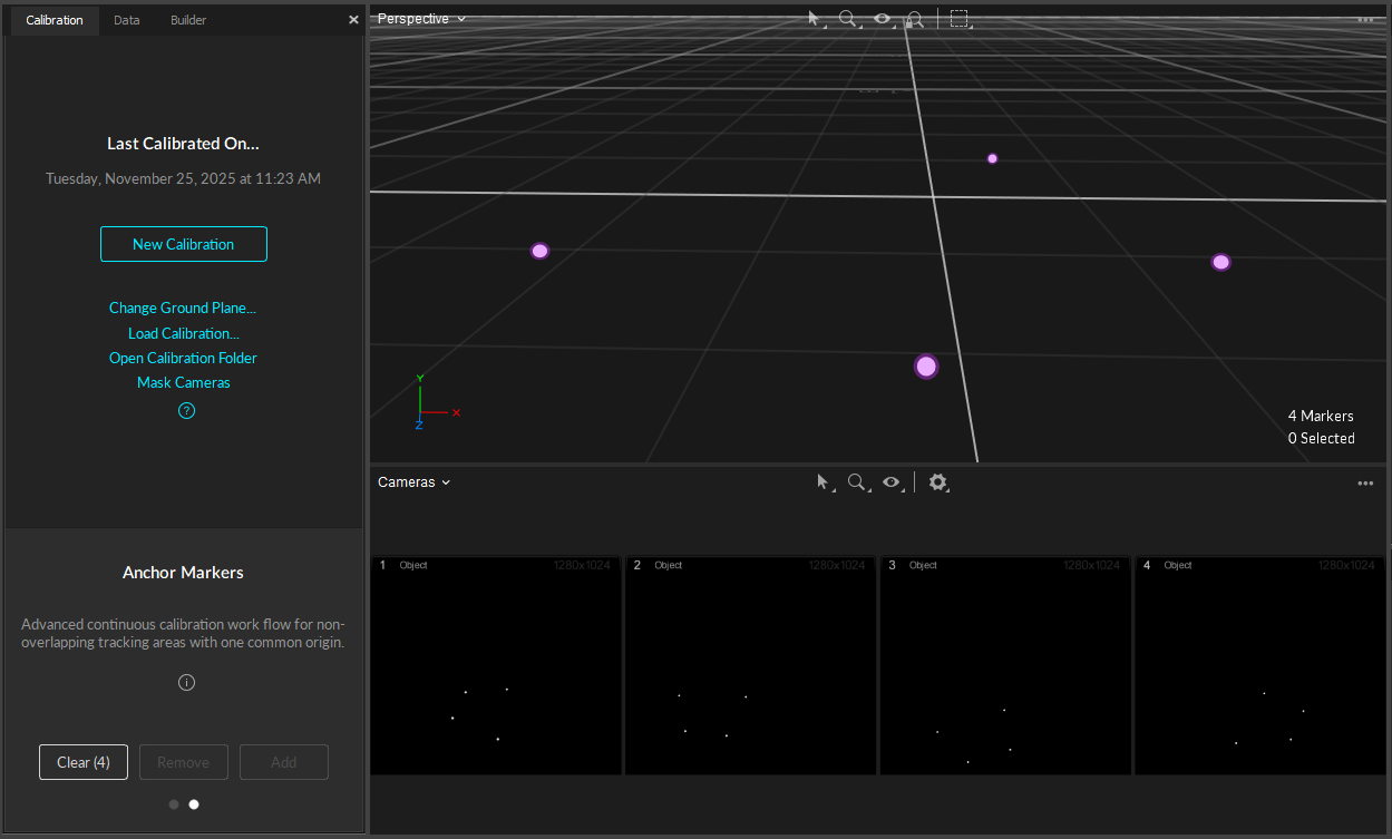 A screenshot of Motive with the Calibration pane, the 3D viewport, and Cameras view all open. Each pane shows 4 anchor markers that were added to the volume for Continuous Calibration. 